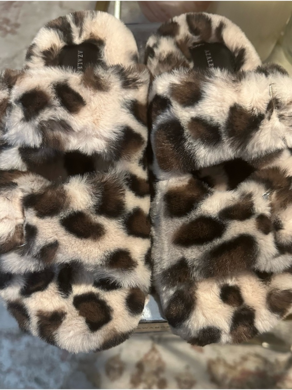 Azalea Wang Faux Fur Leopard Slide Sandals - Brown/Beige